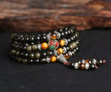 Mala Tibétain Bouclier de Protection (Obsidienne/Œil de Tigre)