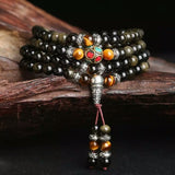 Mala Tibétain Bouclier de Protection (Obsidienne/Œil de Tigre)