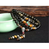 Mala Tibétain Bouclier de Protection (Obsidienne/Œil de Tigre)